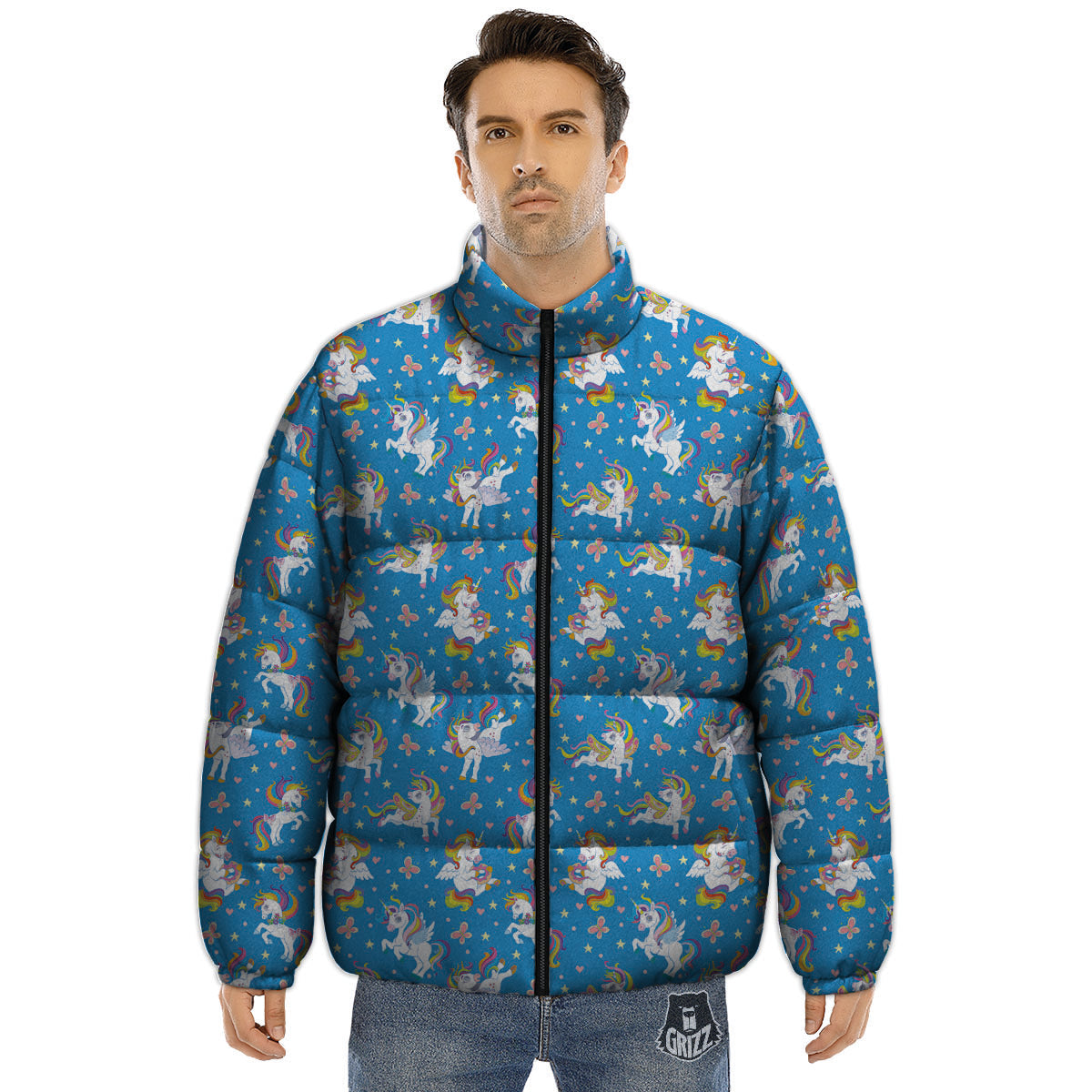 Unicorn Blue Rainbow Print Pattern Puffer Jacket-grizzshop