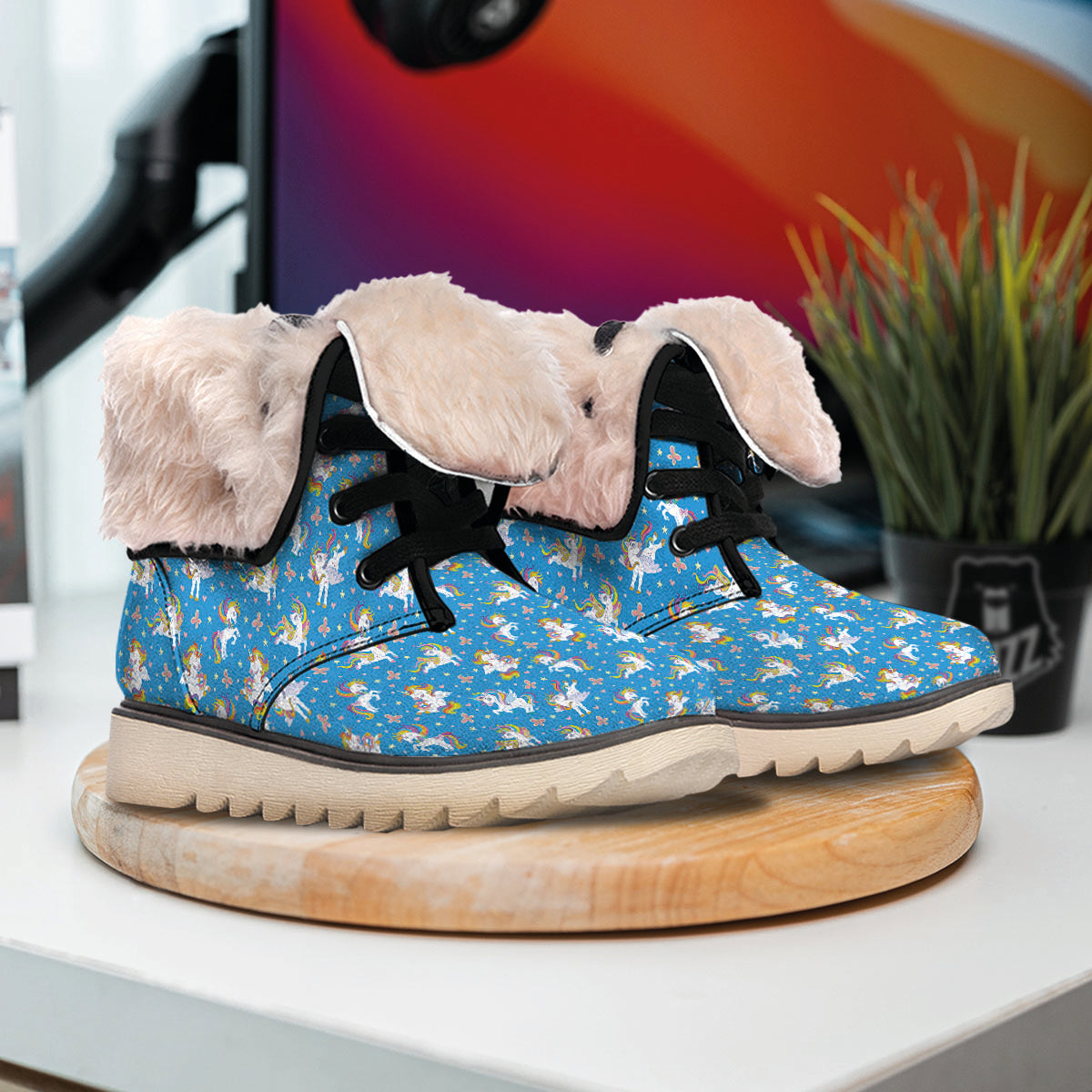 Unicorn Blue Rainbow Print Pattern Snow Boots-grizzshop