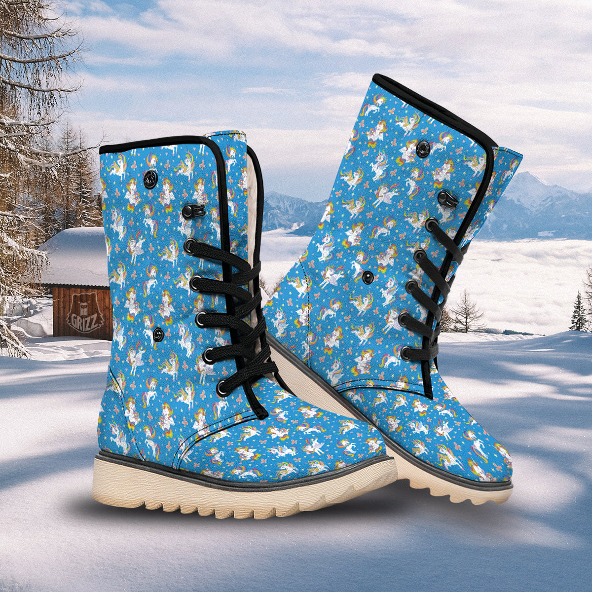 Unicorn Blue Rainbow Print Pattern Snow Boots-grizzshop