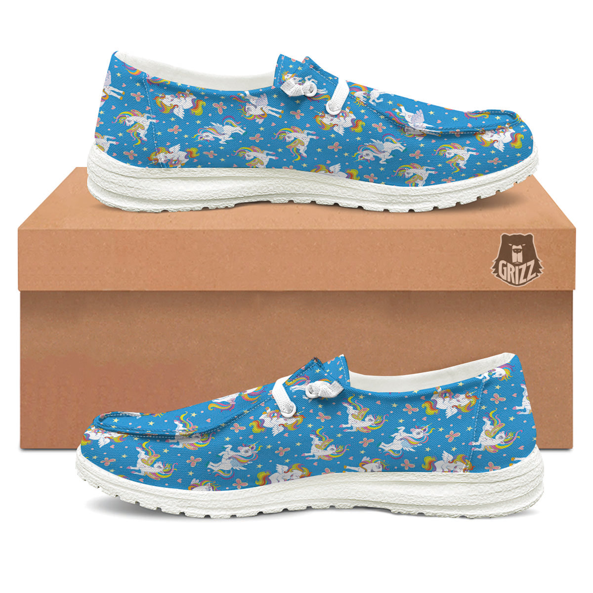 Unicorn Blue Rainbow Print Pattern White Loafers-grizzshop