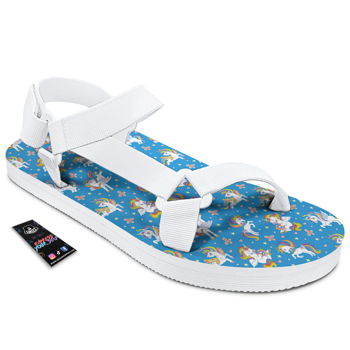 Unicorn Blue Rainbow Print Pattern White Open Toe Sandals-grizzshop