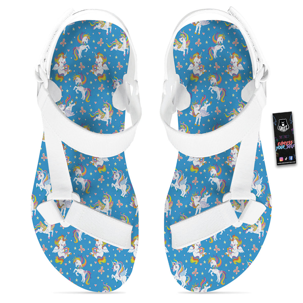 Unicorn Blue Rainbow Print Pattern White Open Toe Sandals-grizzshop