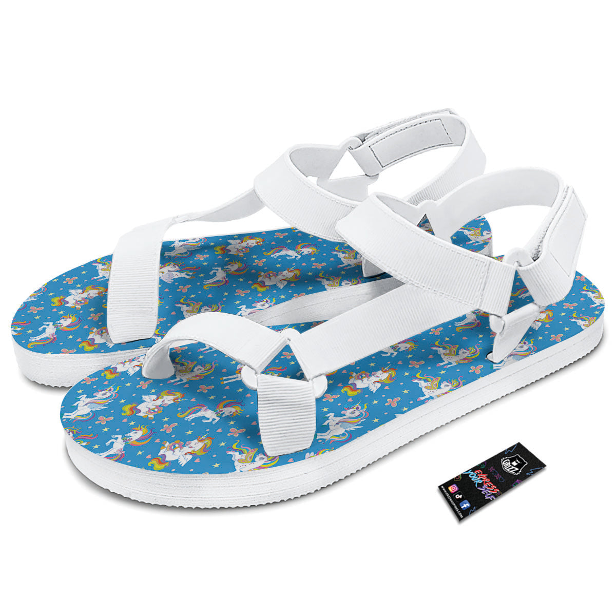 Unicorn Blue Rainbow Print Pattern White Open Toe Sandals-grizzshop