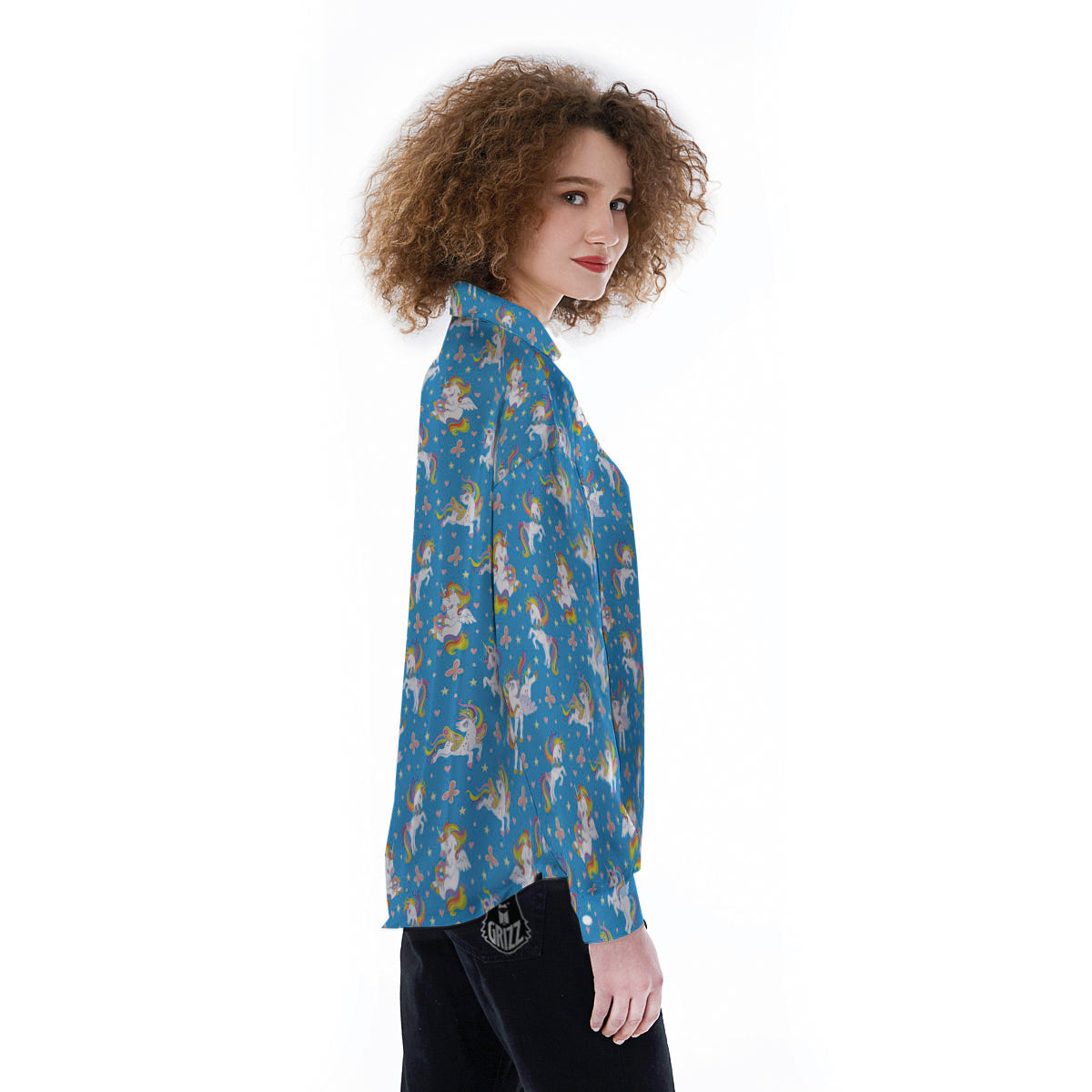 Unicorn Blue Rainbow Print Pattern Women's Long Sleeve Shirts-grizzshop