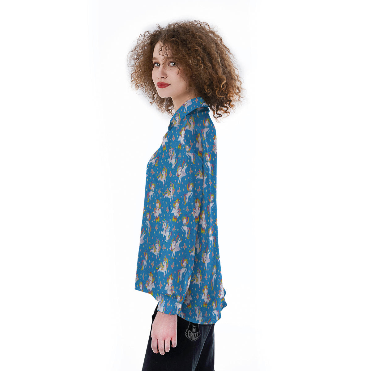 Unicorn Blue Rainbow Print Pattern Women's Long Sleeve Shirts-grizzshop