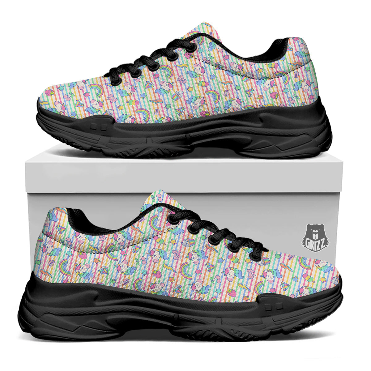Unicorn Cute Rainbow Print Pattern Black Chunky Shoes-grizzshop