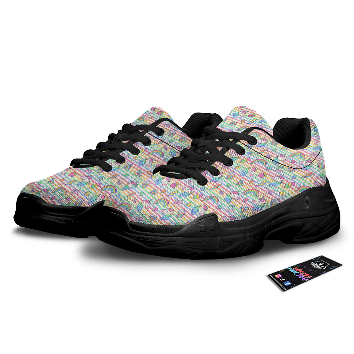 Unicorn Cute Rainbow Print Pattern Black Chunky Shoes-grizzshop