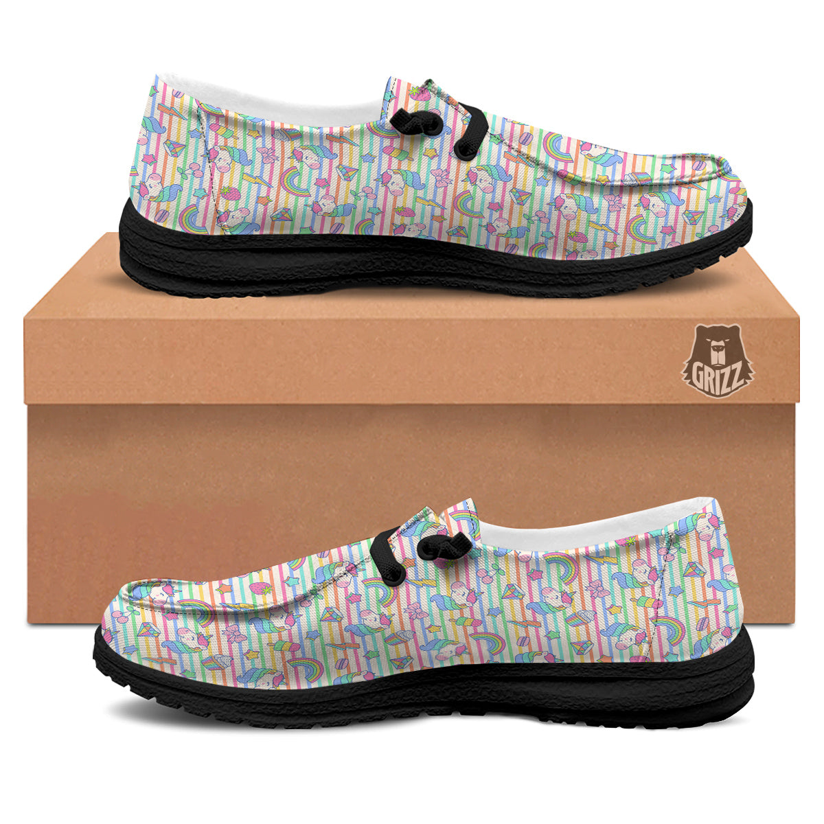 Unicorn Cute Rainbow Print Pattern Black Loafers-grizzshop