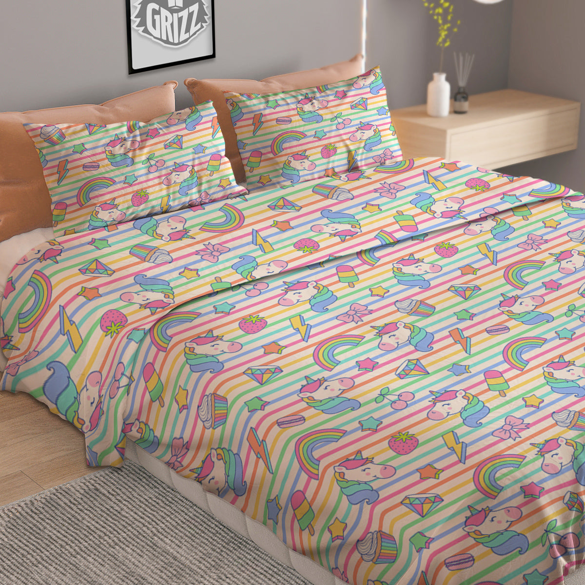 Unicorn Cute Rainbow Print Pattern Duvet Cover Bedding Set
