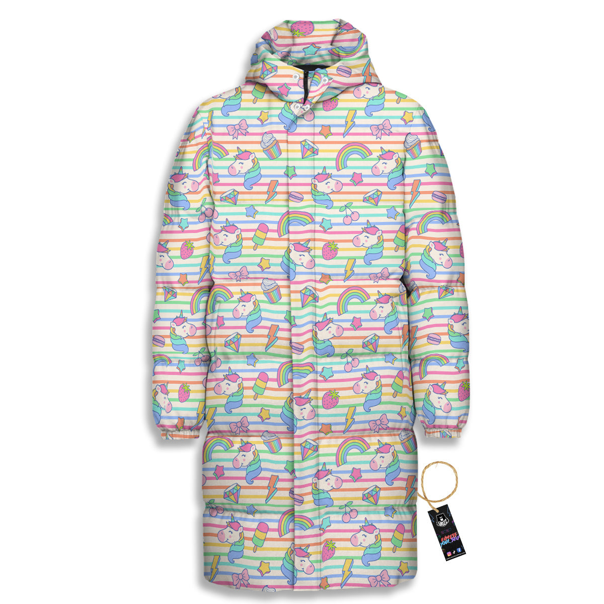 Unicorn Cute Rainbow Print Pattern Long Down Jacket-grizzshop