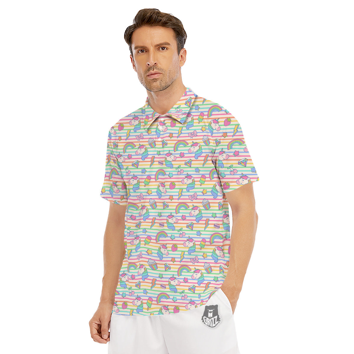 Unicorn Cute Rainbow Print Pattern Men's Golf Shirts-grizzshop