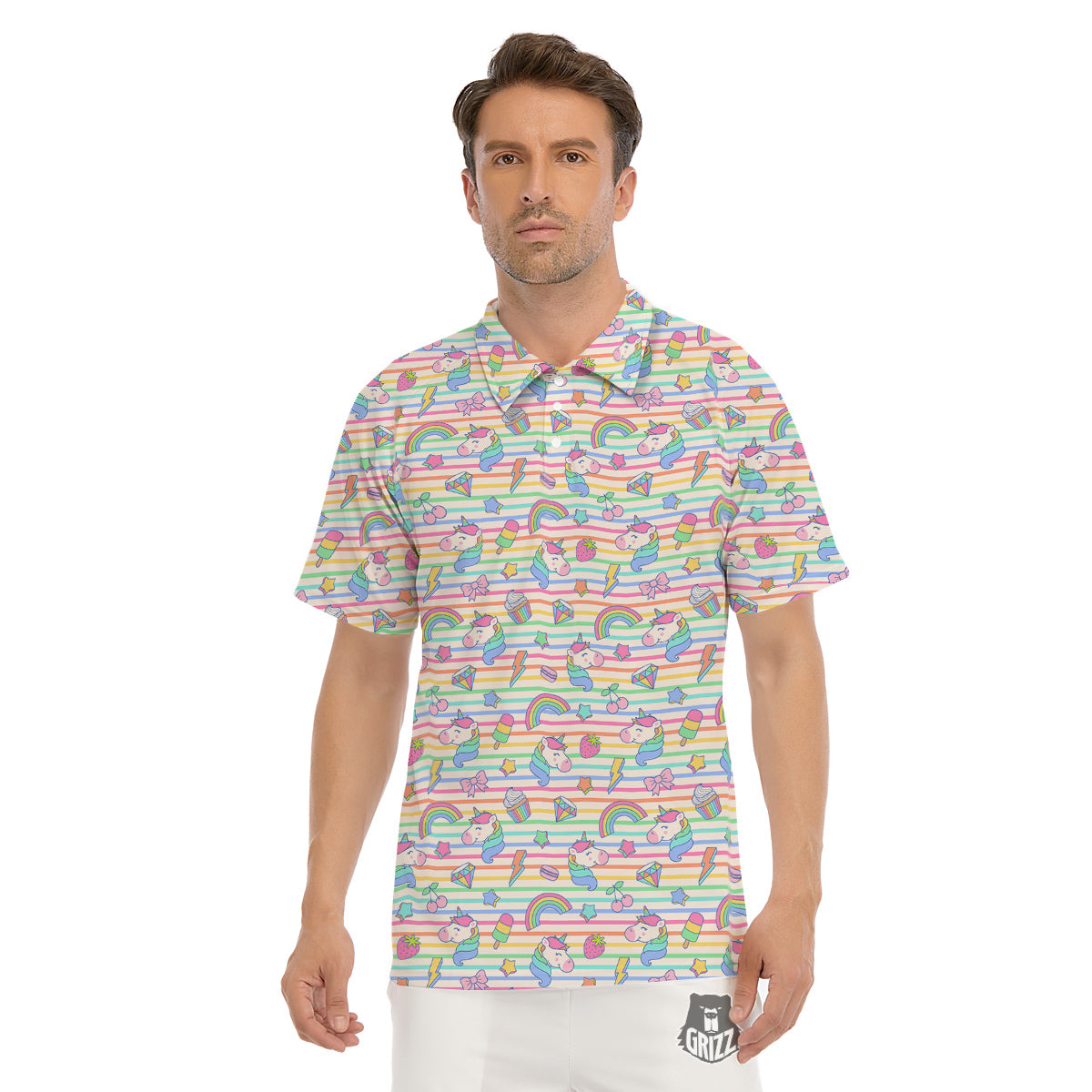 Unicorn Cute Rainbow Print Pattern Men's Golf Shirts-grizzshop