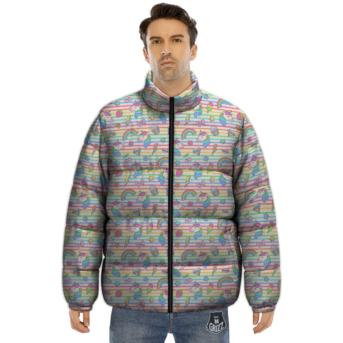 Unicorn Cute Rainbow Print Pattern Puffer Jacket-grizzshop