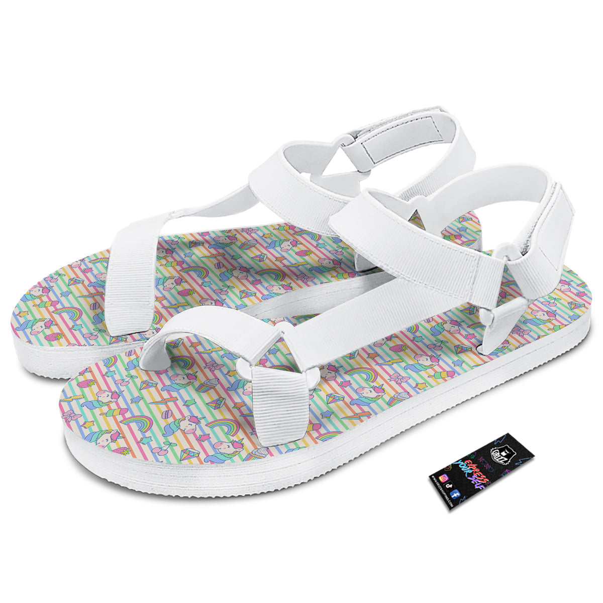 Unicorn Cute Rainbow Print Pattern White Open Toe Sandals-grizzshop