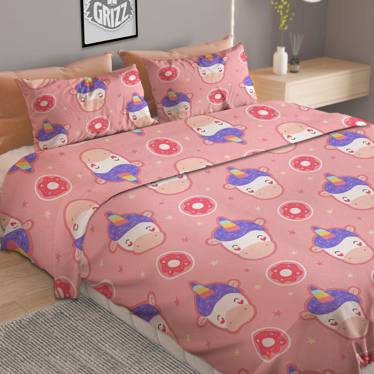 Unicorn Donut Pink Girly Print Pattern Duvet Cover Bedding Set