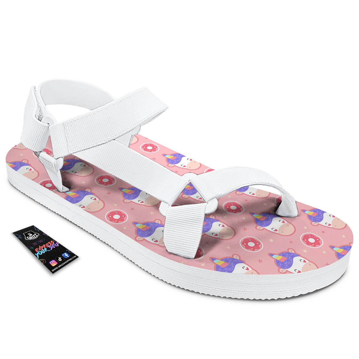 Unicorn Donut Pink Girly Print Pattern White Open Toe Sandals-grizzshop
