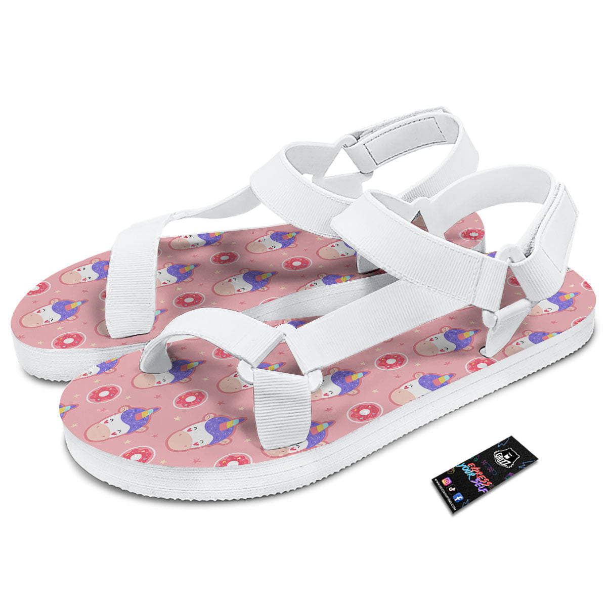 Unicorn Donut Pink Girly Print Pattern White Open Toe Sandals-grizzshop