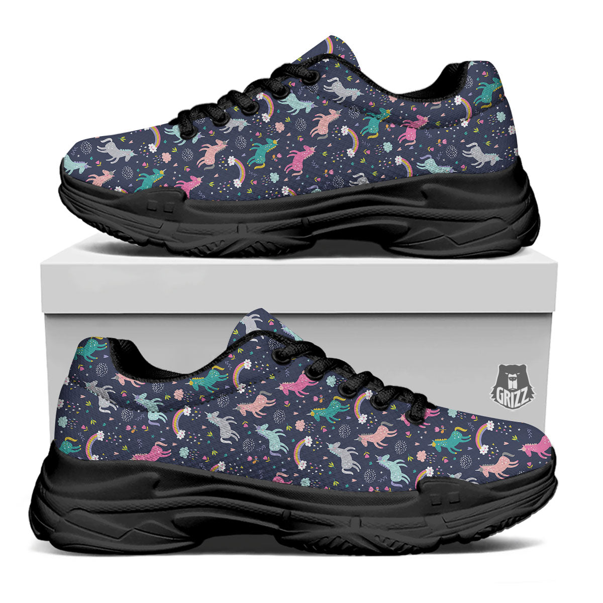 Unicorn Doodle Print Pattern Black Chunky Shoes-grizzshop