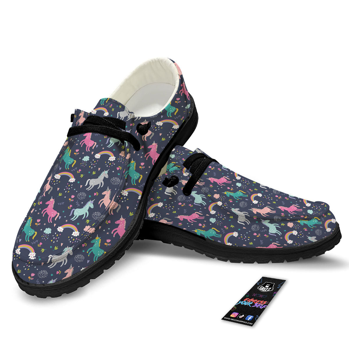 Unicorn Doodle Print Pattern Black Loafers-grizzshop