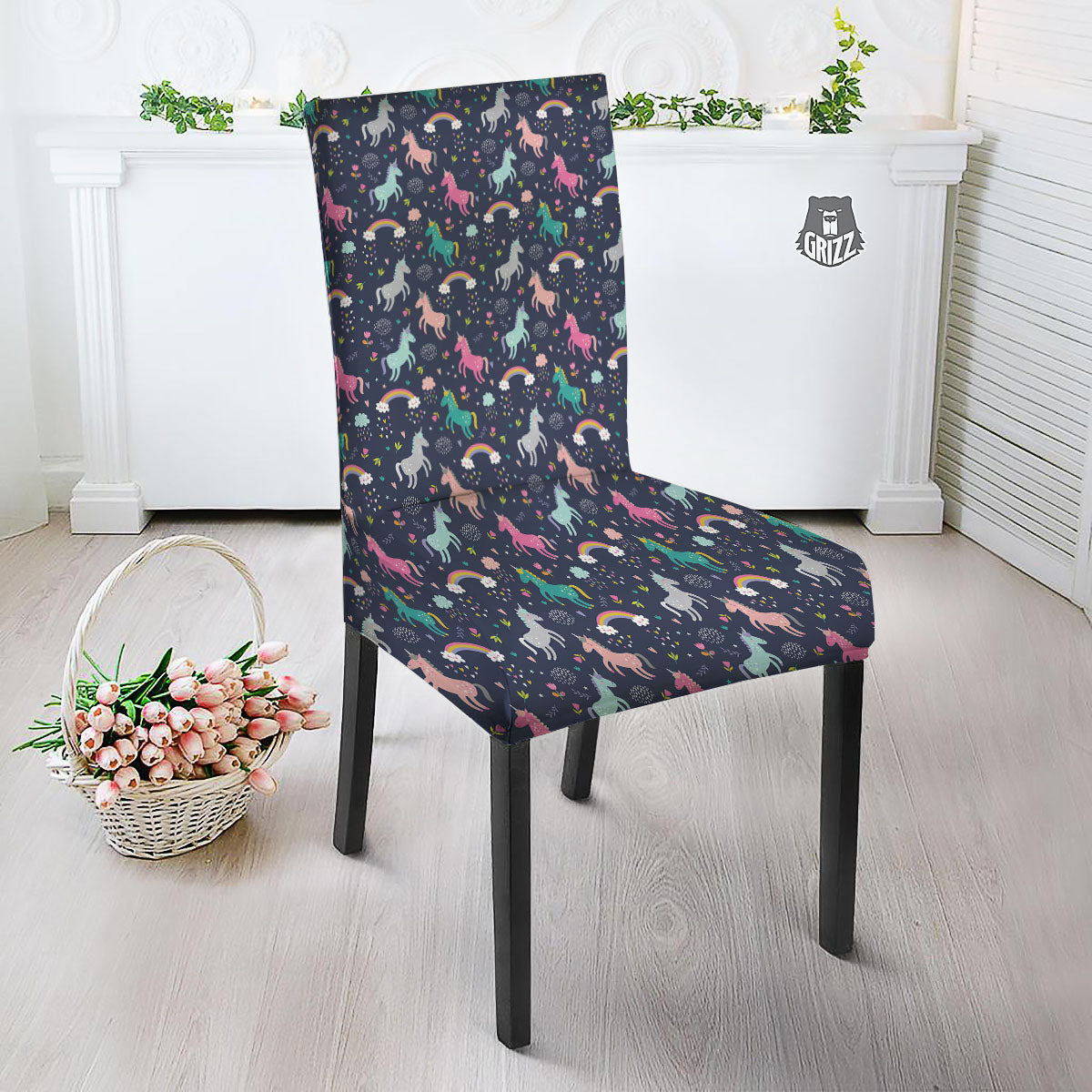 Unicorn Doodle Print Pattern Dining Chair Slipcover-grizzshop