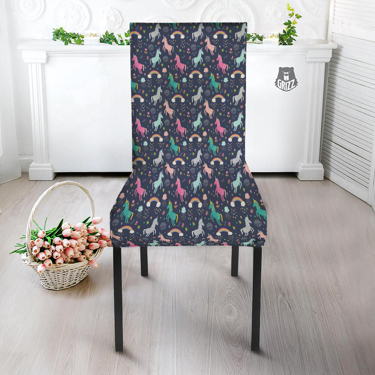 Unicorn Doodle Print Pattern Dining Chair Slipcover-grizzshop