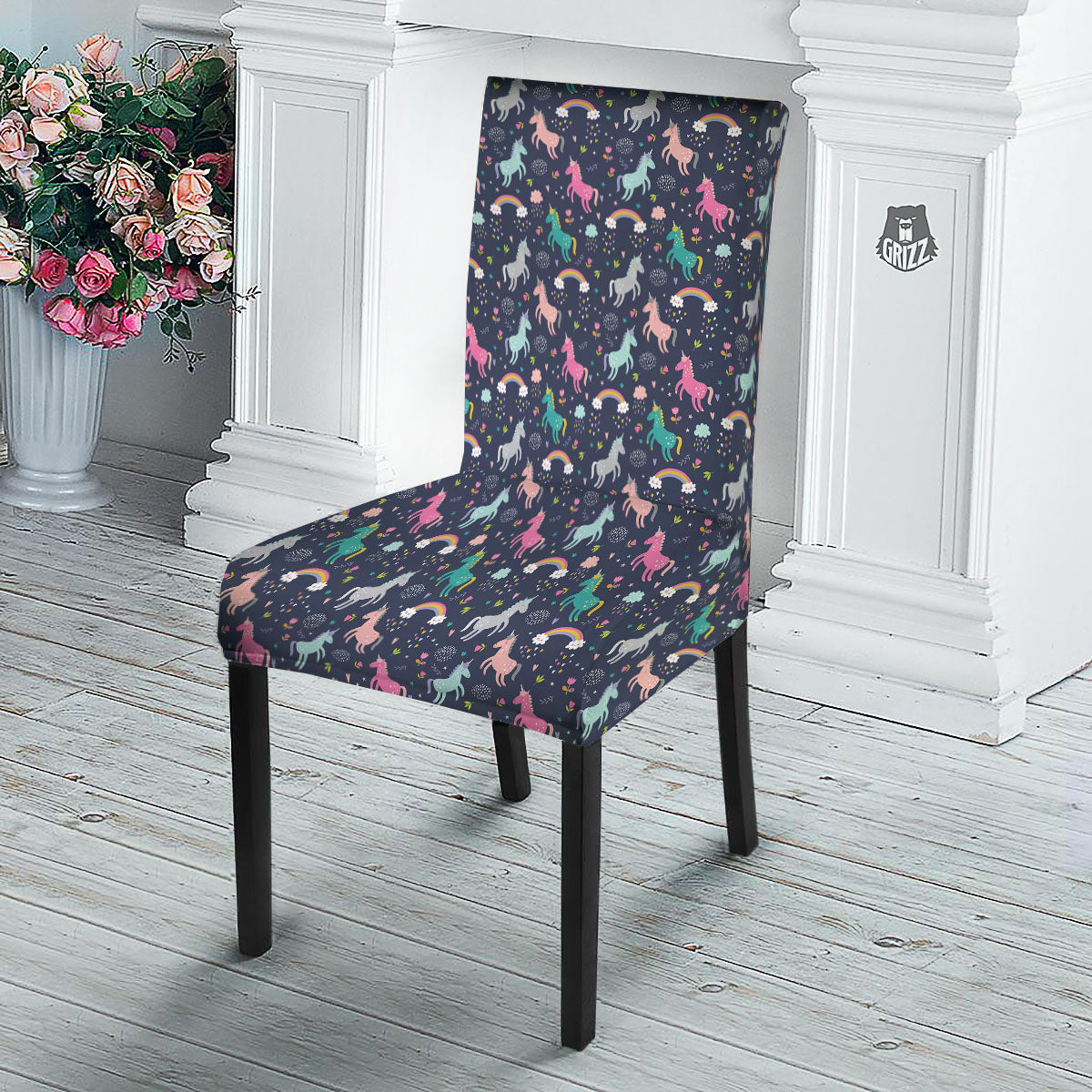 Unicorn Doodle Print Pattern Dining Chair Slipcover-grizzshop