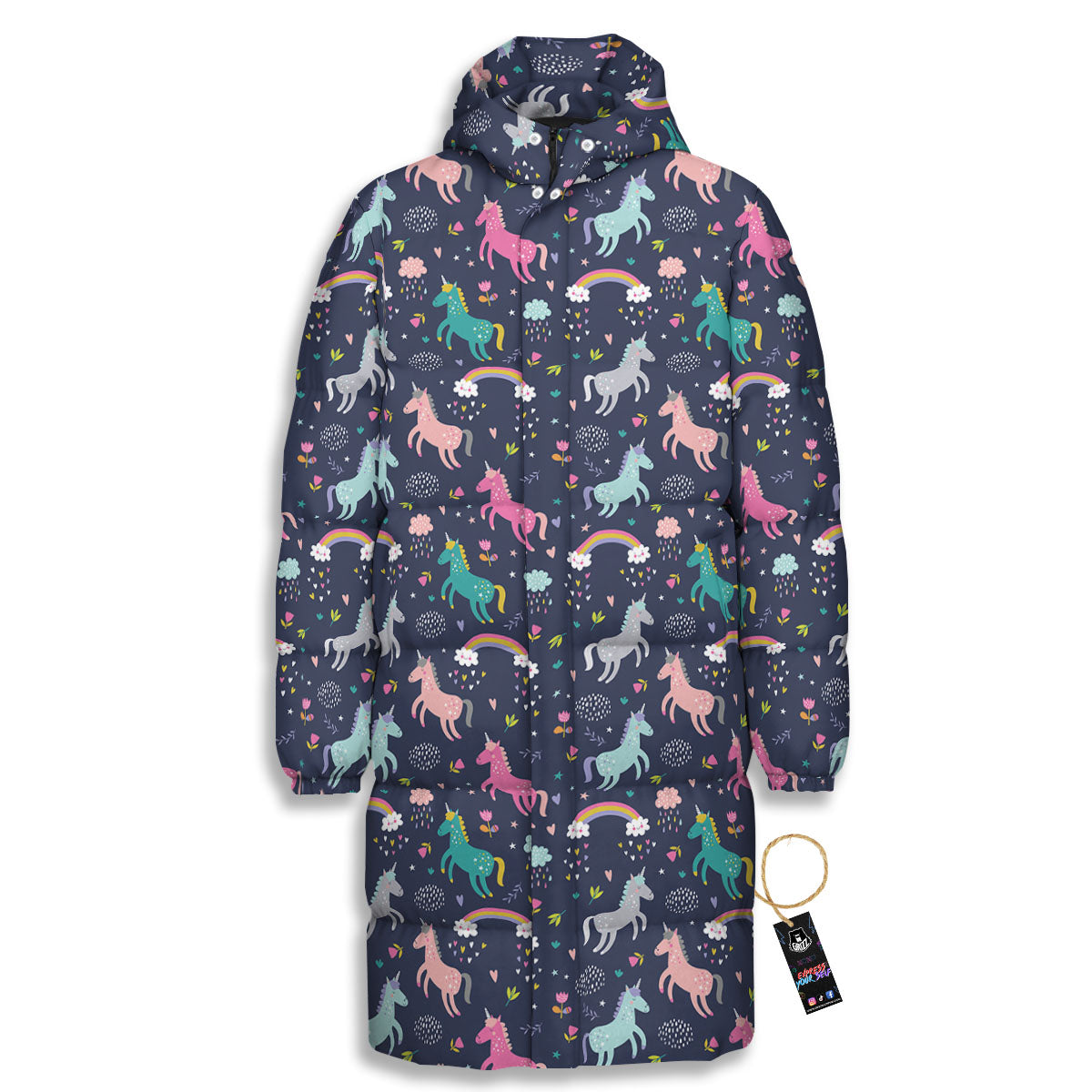 Unicorn Doodle Print Pattern Long Down Jacket-grizzshop