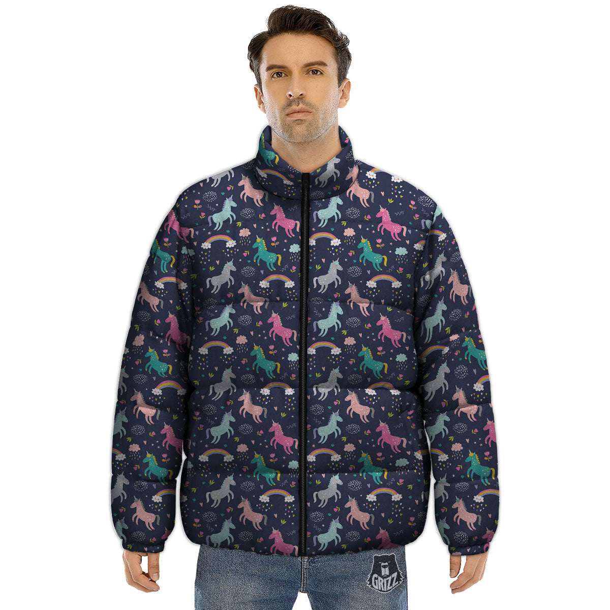 Unicorn Doodle Print Pattern Puffer Jacket-grizzshop
