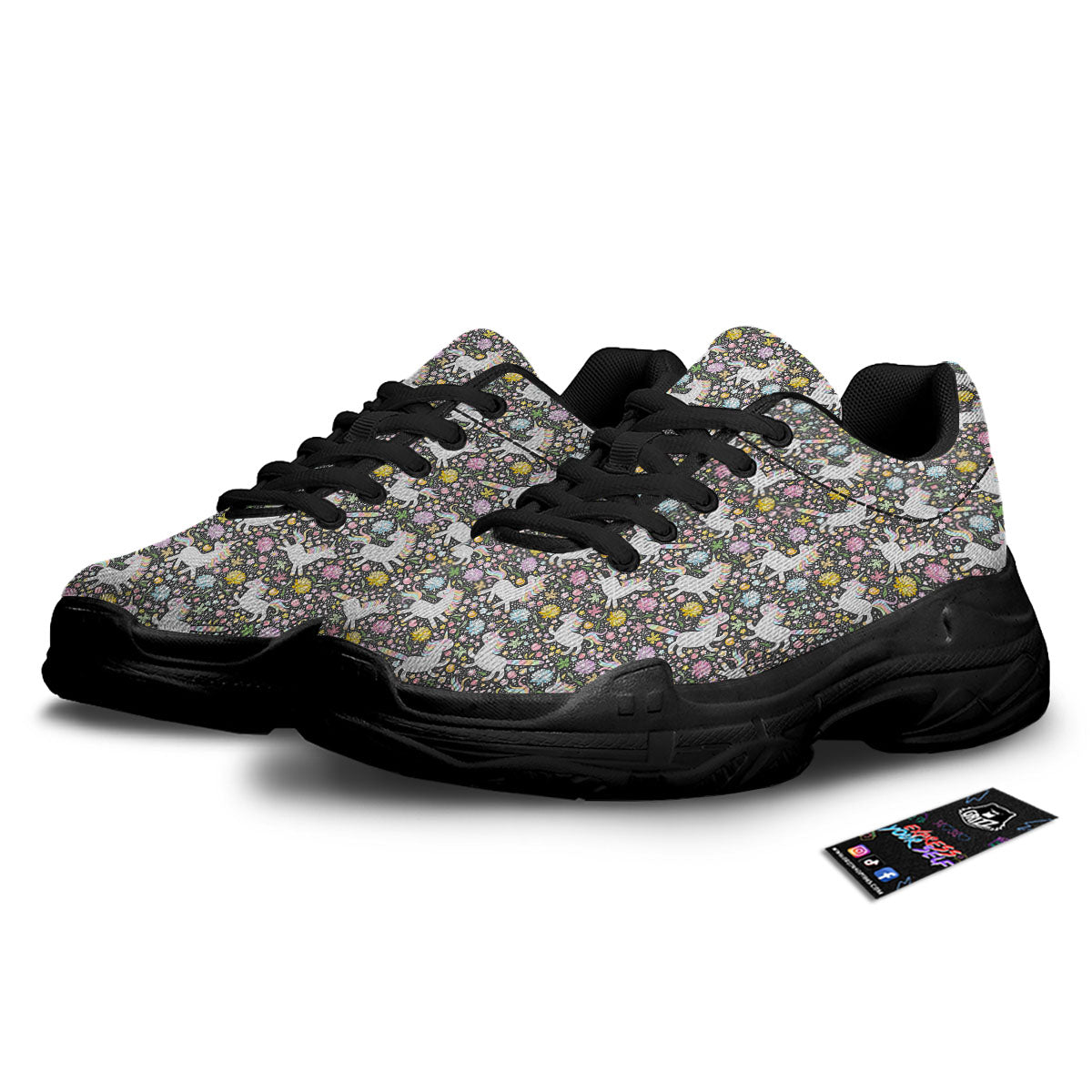 Unicorn Fairy Floral Print Pattern Black Chunky Shoes-grizzshop