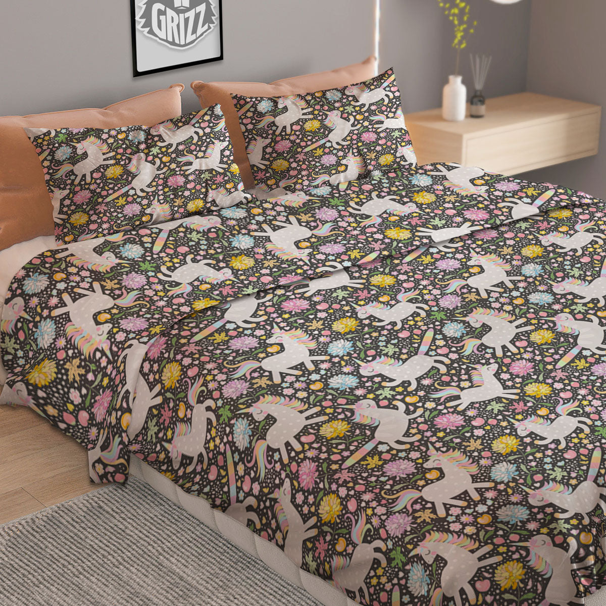 Unicorn Fairy Floral Print Pattern Duvet Cover Bedding Set