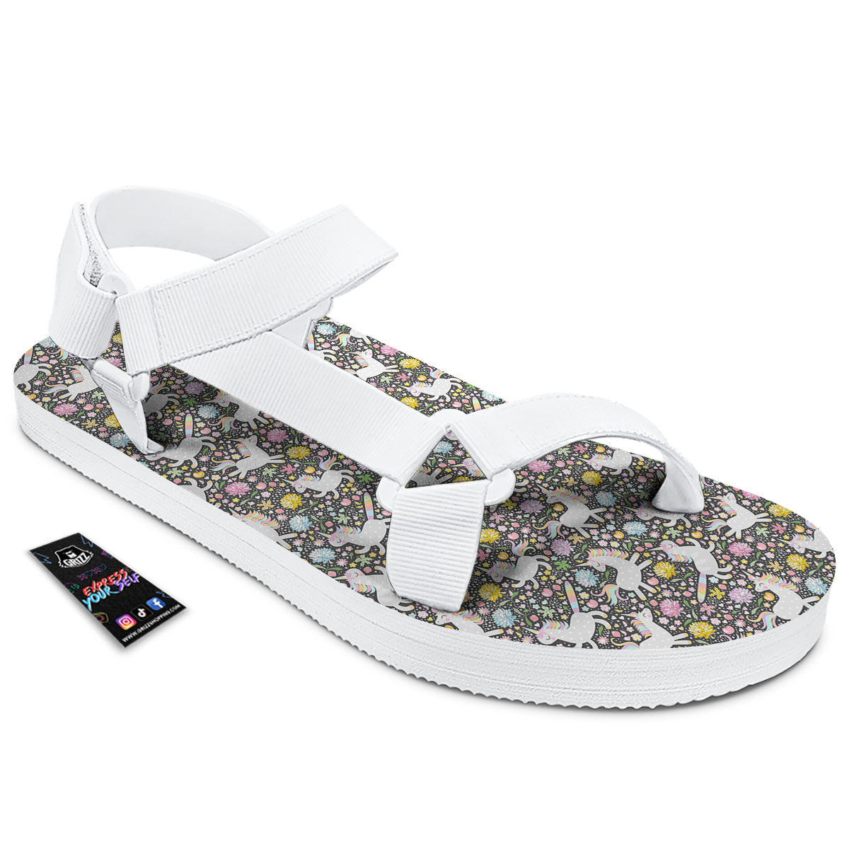 Unicorn Fairy Floral Print Pattern White Open Toe Sandals-grizzshop