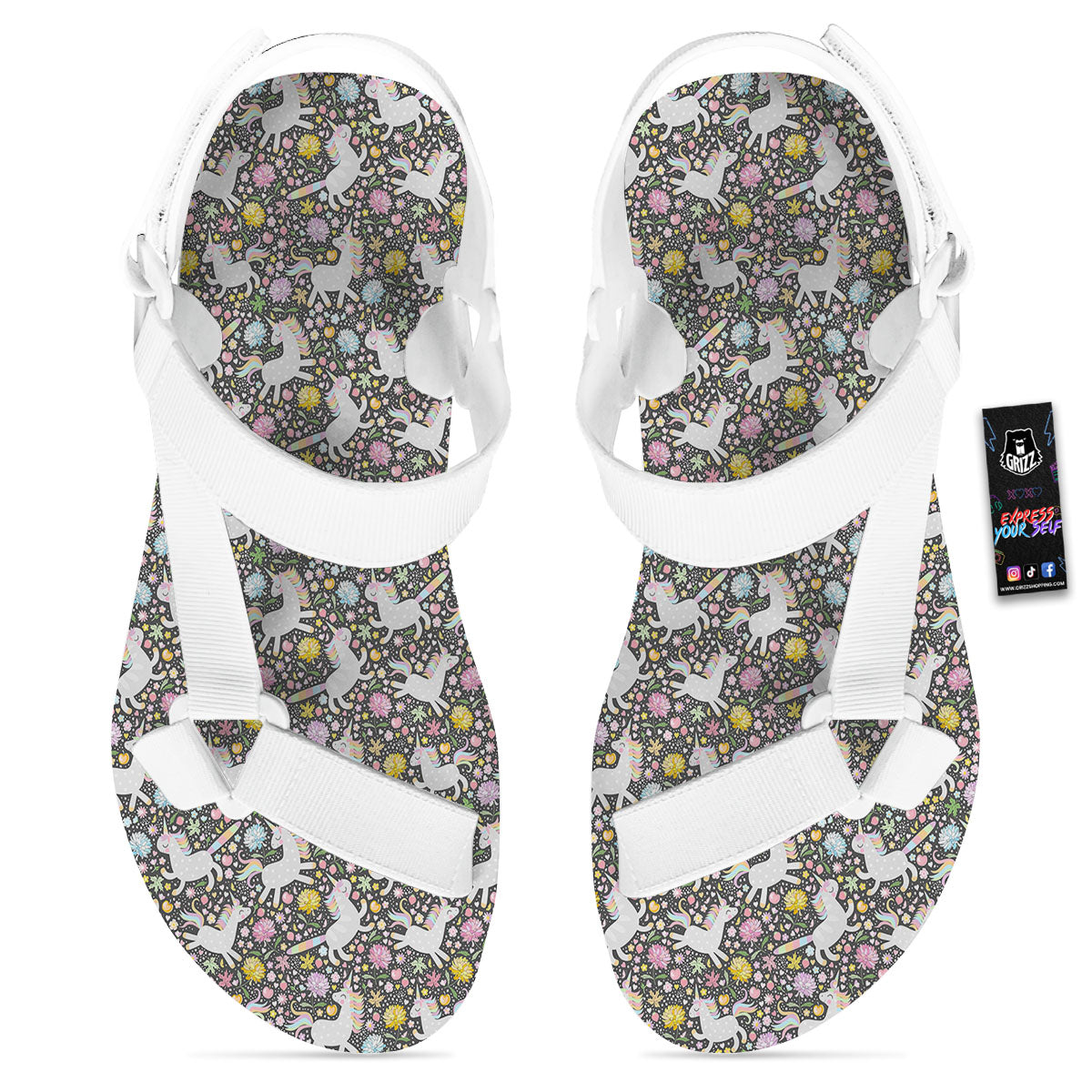 Unicorn Fairy Floral Print Pattern White Open Toe Sandals-grizzshop