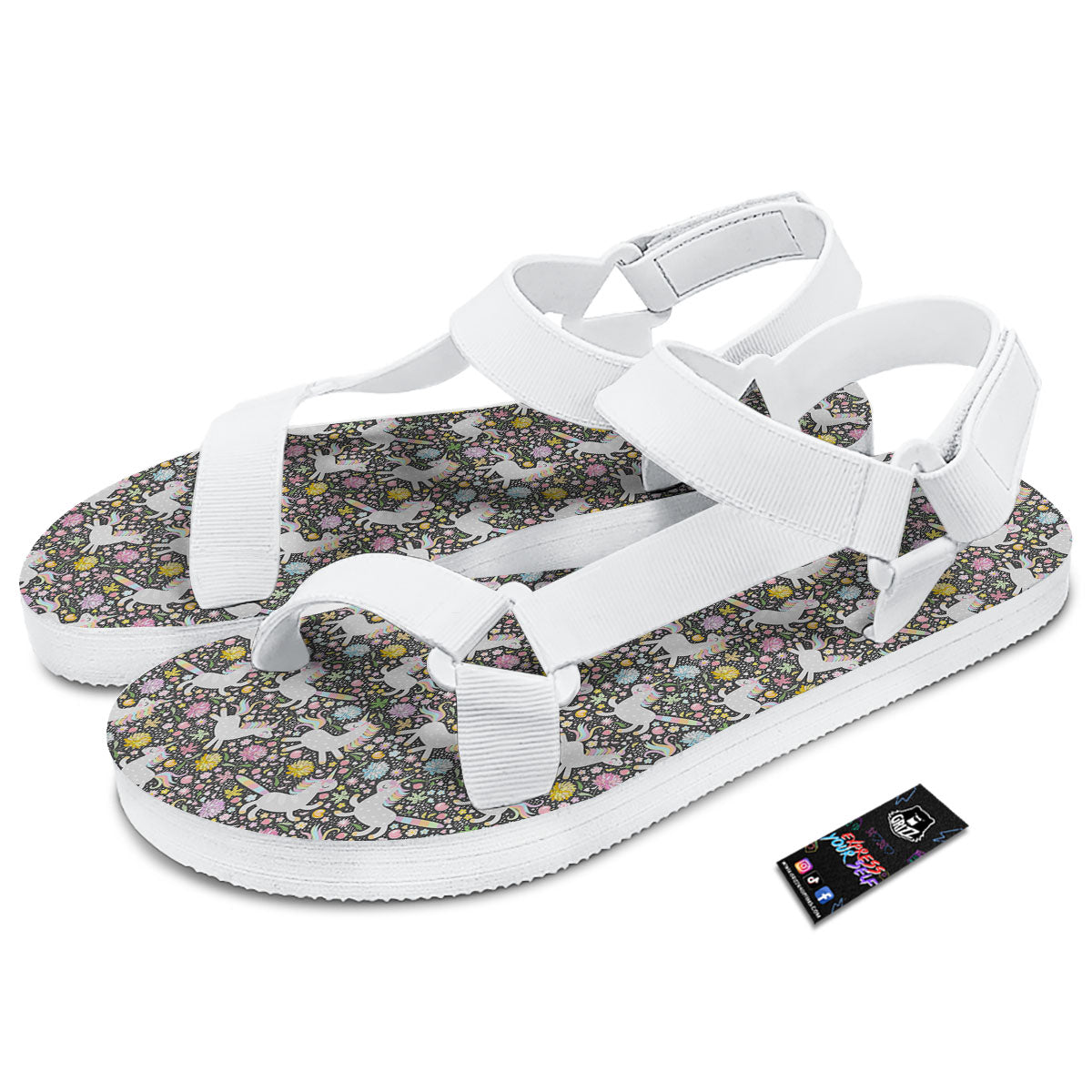 Unicorn Fairy Floral Print Pattern White Open Toe Sandals-grizzshop