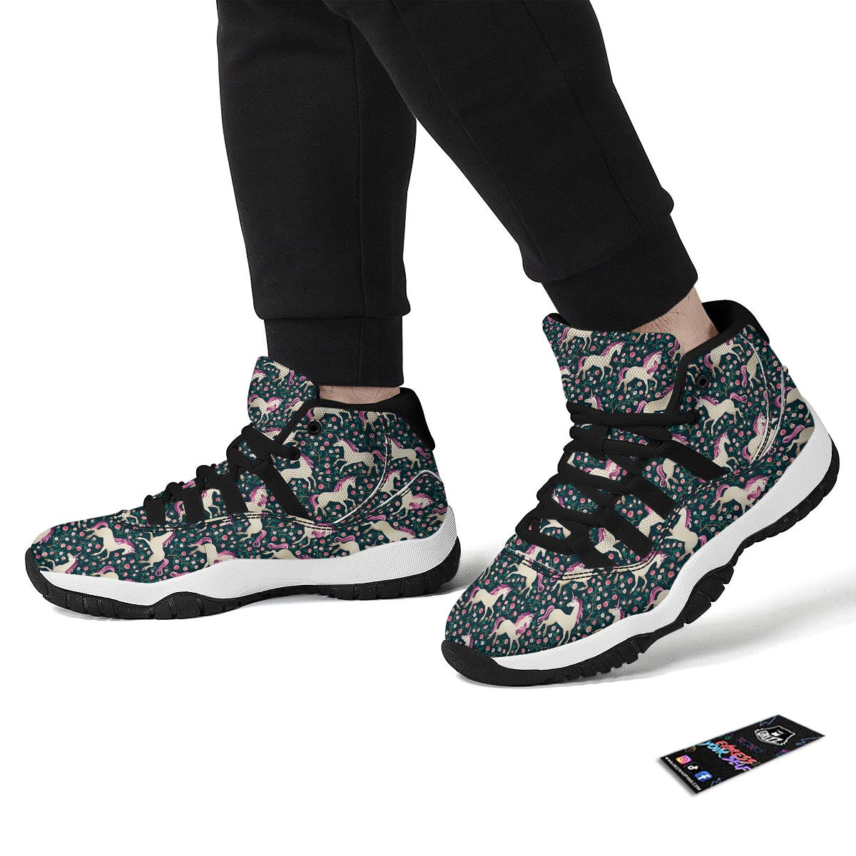Unicorn Floral Pattern Print Black Bball Shoes-grizzshop