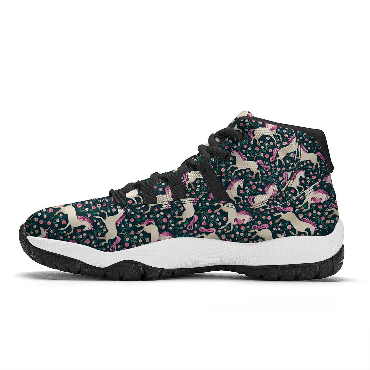 Unicorn Floral Pattern Print Black Bball Shoes-grizzshop