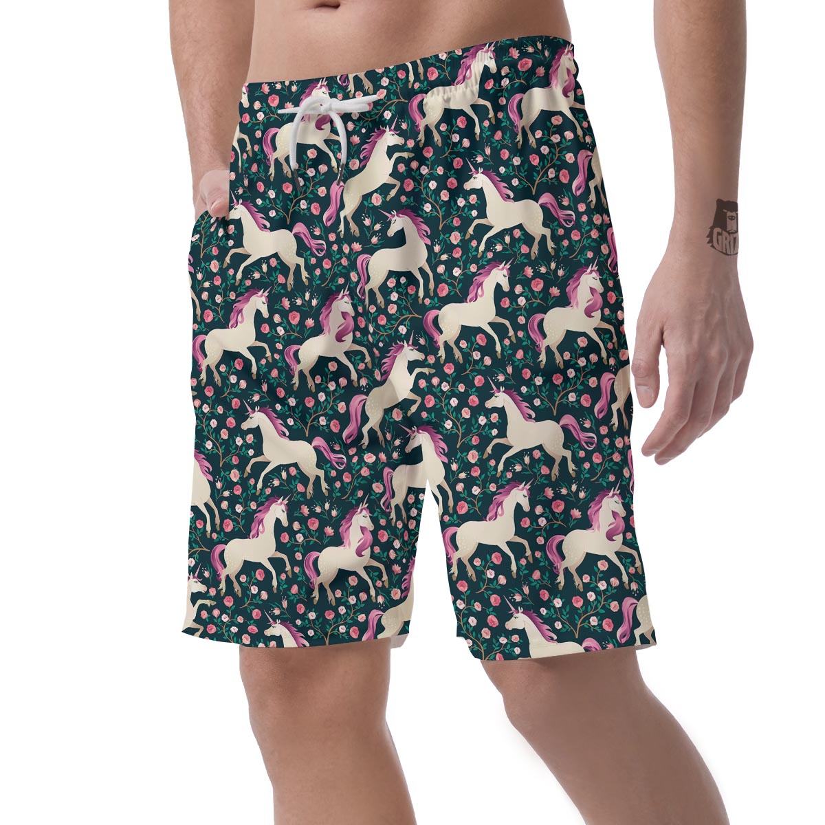 Unicorn Floral Pattern Print Men's Shorts-grizzshop