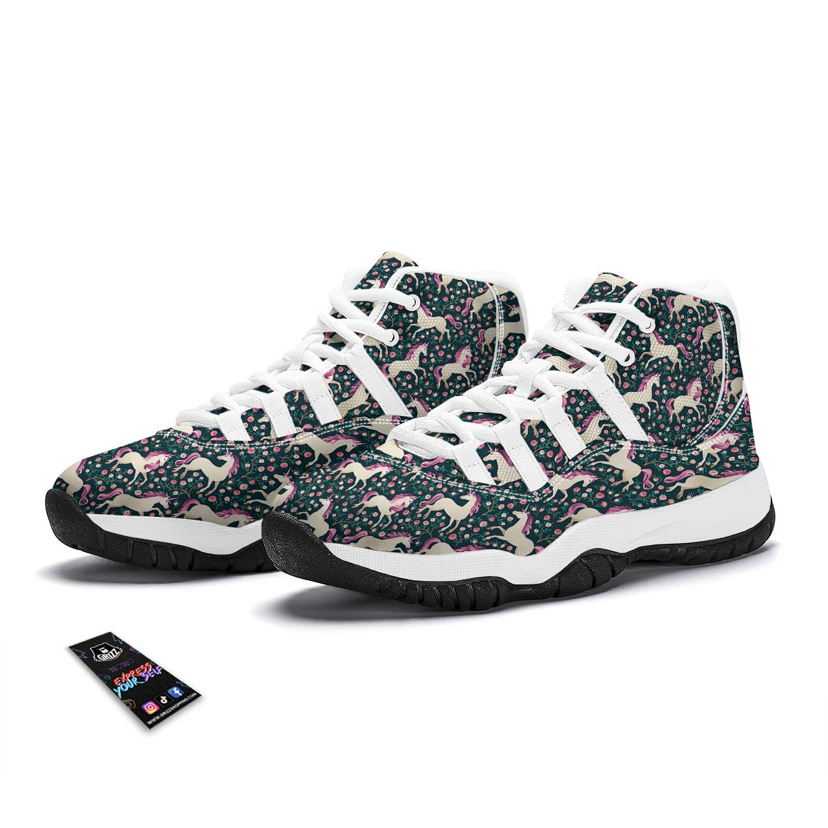 Unicorn Floral Pattern Print White Bball Shoes-grizzshop