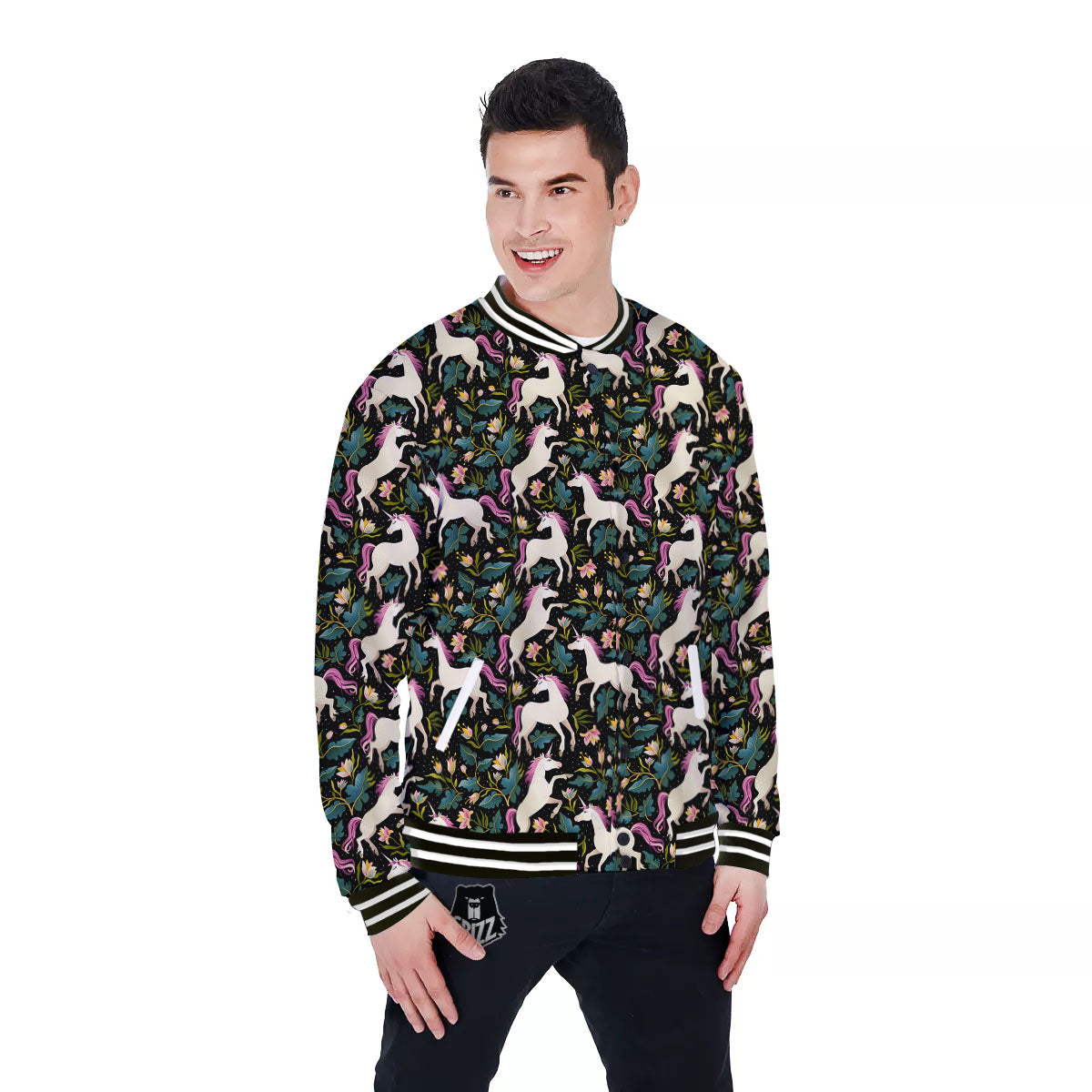 Unicorn Floral Print Pattern Baseball Jacket-grizzshop