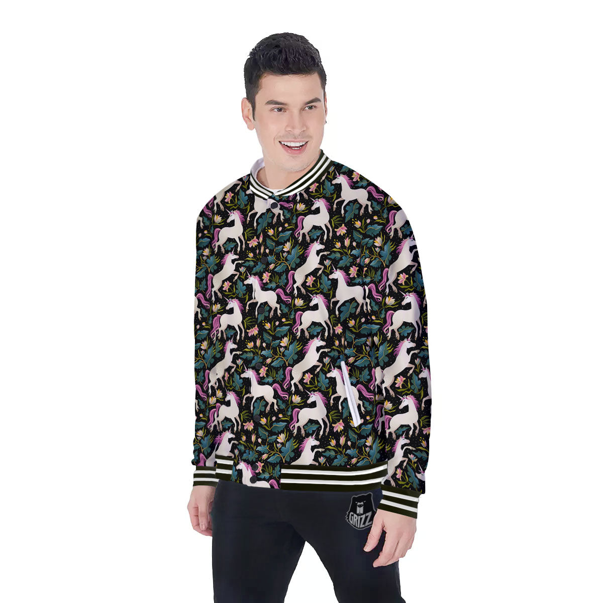 Unicorn Floral Print Pattern Baseball Jacket-grizzshop