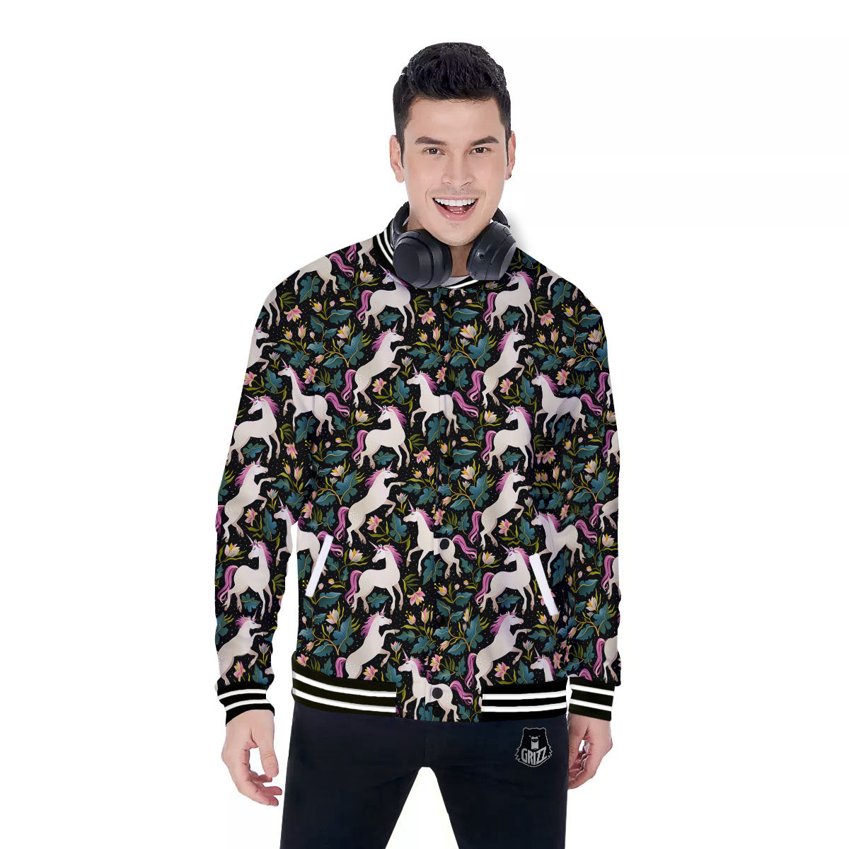 Unicorn Floral Print Pattern Baseball Jacket-grizzshop