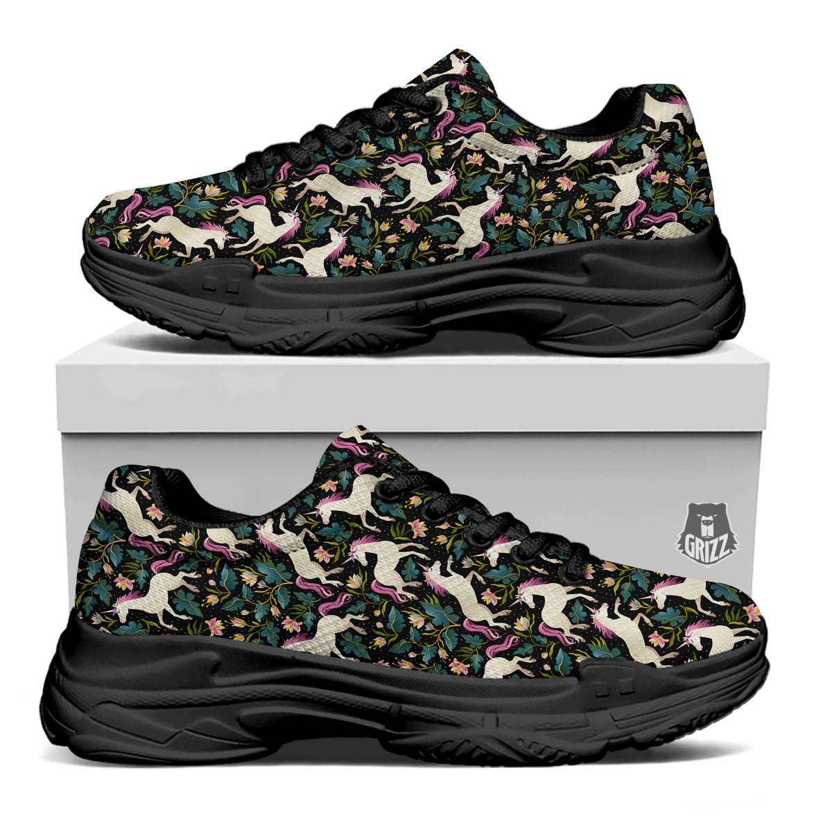 Unicorn Floral Print Pattern Black Chunky Shoes-grizzshop