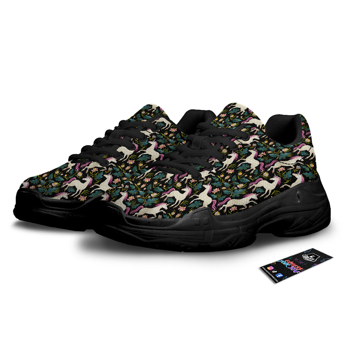 Unicorn Floral Print Pattern Black Chunky Shoes-grizzshop