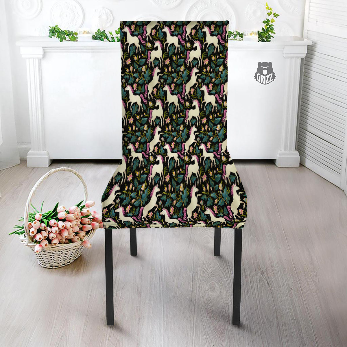 Unicorn Floral Print Pattern Dining Chair Slipcover-grizzshop