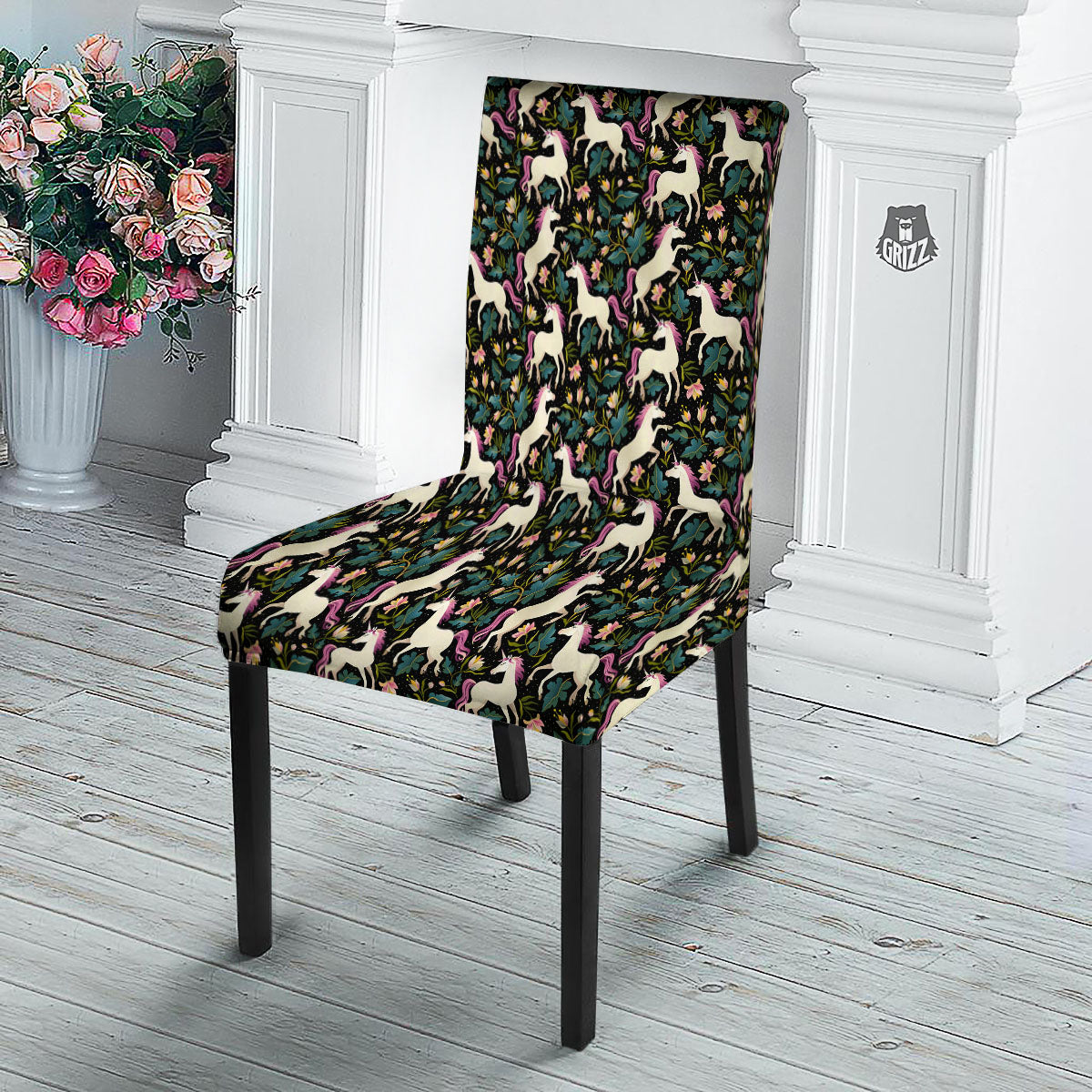 Unicorn Floral Print Pattern Dining Chair Slipcover-grizzshop