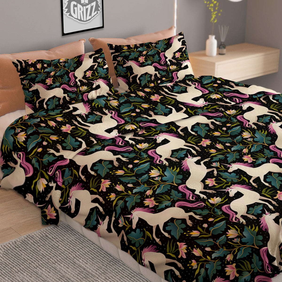 Unicorn Floral Print Pattern Duvet Cover Bedding Set