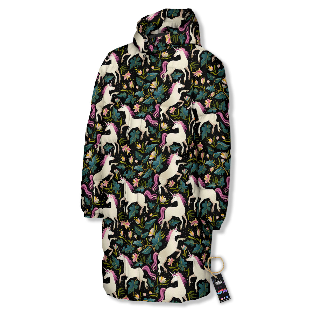 Unicorn Floral Print Pattern Long Down Jacket-grizzshop
