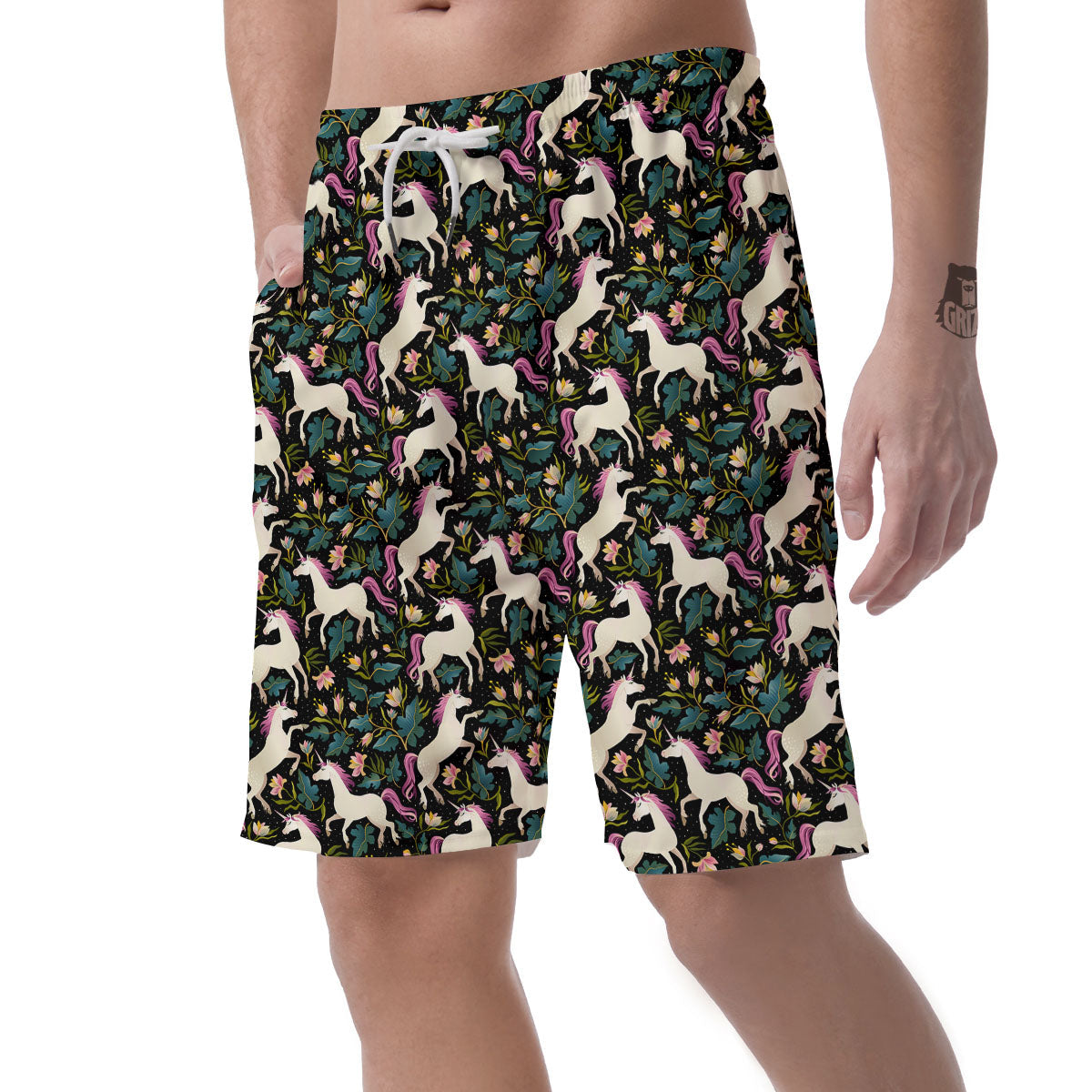 Unicorn Floral Print Pattern Men's Shorts-grizzshop
