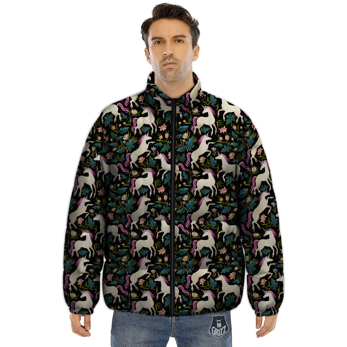 Unicorn Floral Print Pattern Puffer Jacket-grizzshop