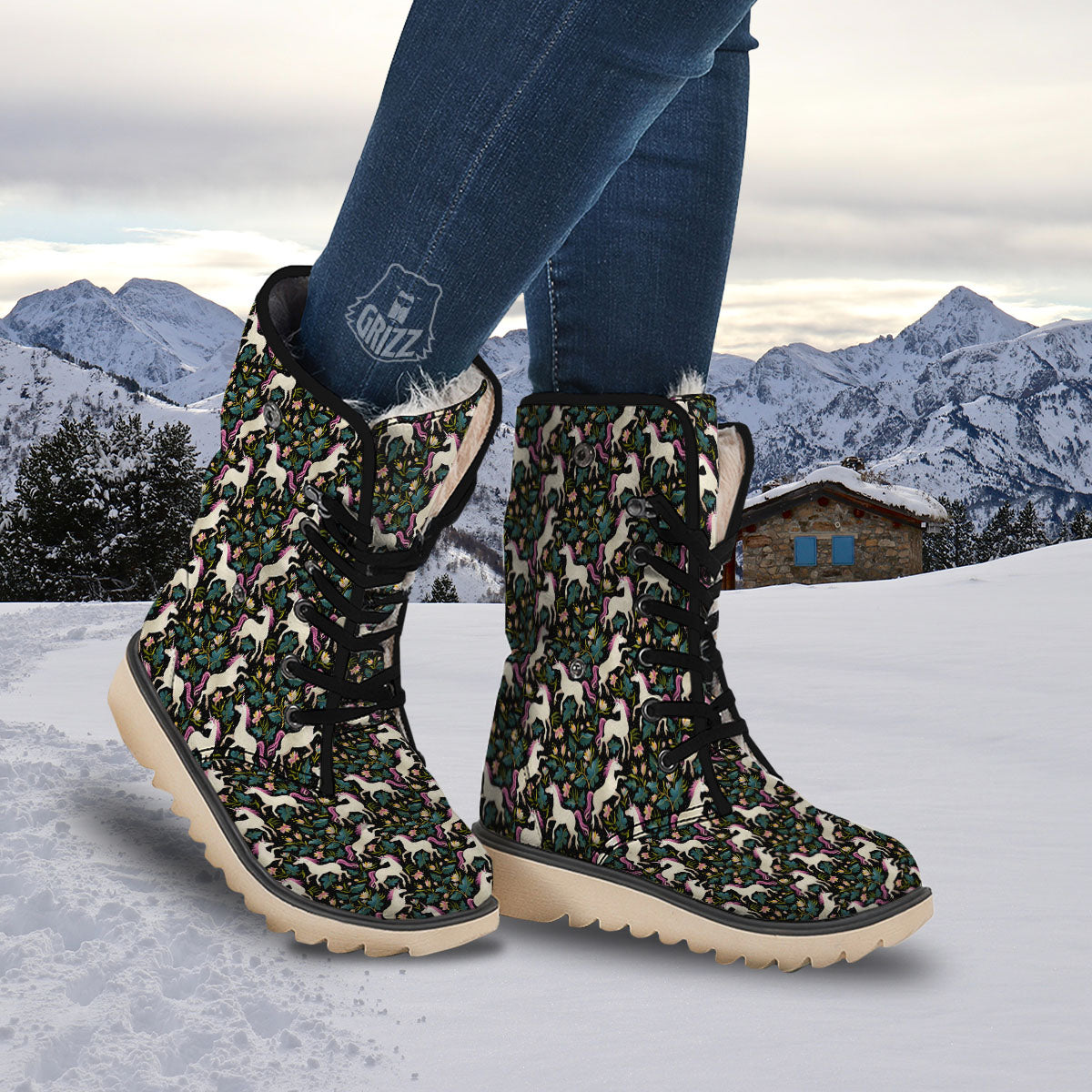 Unicorn Floral Print Pattern Snow Boots-grizzshop