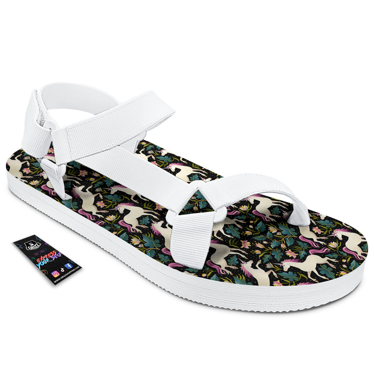 Unicorn Floral Print Pattern White Open Toe Sandals-grizzshop